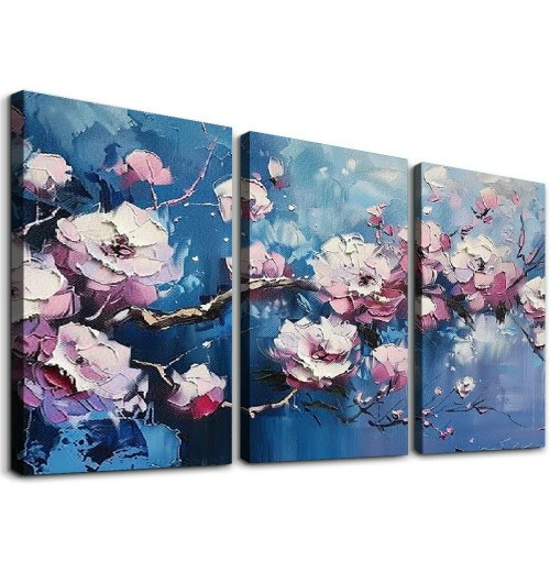 Pink Flowers Canvas Wall Art Plum Blossom Pictures for Living Room Home Office Bedroom Decor Modern Floral Print Gallery Wrapped Artwork Flower Tree Framed Posters Paintings