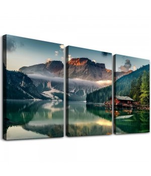 Green Lake Mountain Pictures Canvas Wall Art for Living room Bedroom Wall Decor, Mountain Wall Art Print Paitnings for home Decor,Morden Artwork House in the lake Landscape Canvas Art