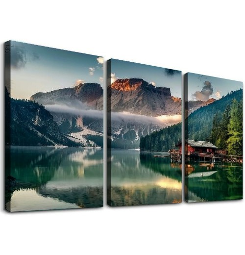 Green Lake Mountain Pictures Canvas Wall Art for Living room Bedroom Wall Decor, Mountain Wall Art Print Paitnings for home Decor,Morden Artwork House in the lake Landscape Canvas Art