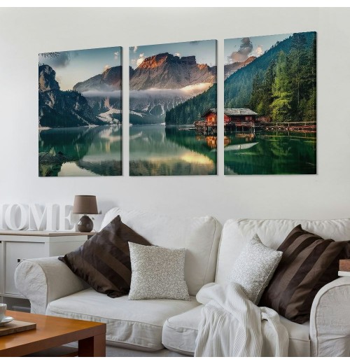 Green Lake Mountain Pictures Canvas Wall Art for Living room Bedroom Wall Decor, Mountain Wall Art Print Paitnings for home Decor,Morden Artwork House in the lake Landscape Canvas Art