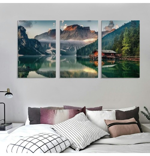 Green Lake Mountain Pictures Canvas Wall Art for Living room Bedroom Wall Decor, Mountain Wall Art Print Paitnings for home Decor,Morden Artwork House in the lake Landscape Canvas Art