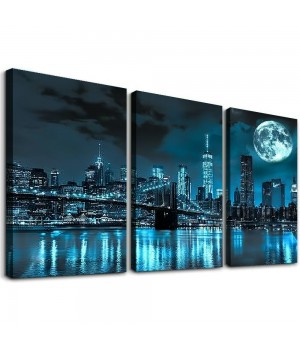 Wall Art Canvas Painting Black White and Blue New York Brooklyn Bridge Cityscape Night Building Picture Poster Print Framed for Living Room Bedroom Kitchen Office Home Decor