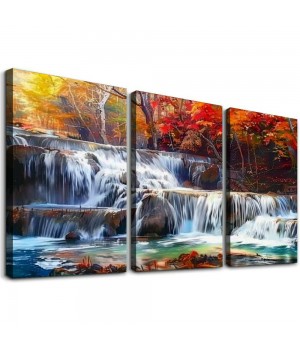 Wall Art Canvas Painting Red Forest Waterfalls Modern Landscape Tree Picture Poster Print Framed and Stretched Ready to Hang for Living Room Bedroom Kitchen Office Home Decor