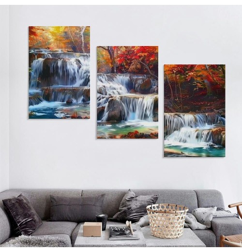 Wall Art Canvas Painting Red Forest Waterfalls Modern Landscape Tree Picture Poster Print Framed and Stretched Ready to Hang for Living Room Bedroom Kitchen Office Home Decor