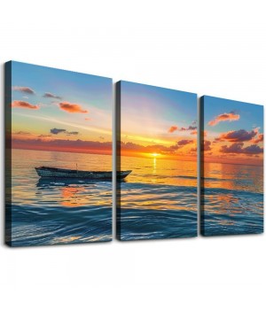 Wall Art Decor Canvas Print Picture Sunset over the Sea Boat Ocean Waves Scenery Painting Artwork for Office Wall Decor Home Decoration Stretched and Framed Ready to Hang