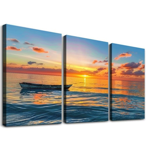 Wall Art Decor Canvas Print Picture Sunset over the Sea Boat Ocean Waves Scenery Painting Artwork for Office Wall Decor Home Decoration Stretched and Framed Ready to Hang