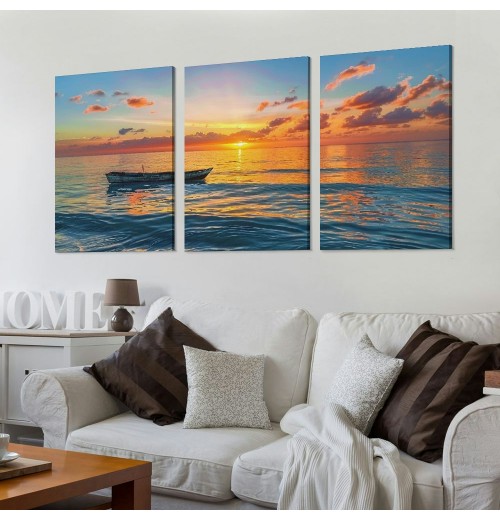 Wall Art Decor Canvas Print Picture Sunset over the Sea Boat Ocean Waves Scenery Painting Artwork for Office Wall Decor Home Decoration Stretched and Framed Ready to Hang