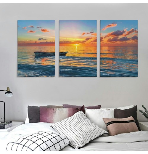 Wall Art Decor Canvas Print Picture Sunset over the Sea Boat Ocean Waves Scenery Painting Artwork for Office Wall Decor Home Decoration Stretched and Framed Ready to Hang