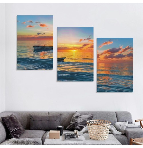 Wall Art Decor Canvas Print Picture Sunset over the Sea Boat Ocean Waves Scenery Painting Artwork for Office Wall Decor Home Decoration Stretched and Framed Ready to Hang