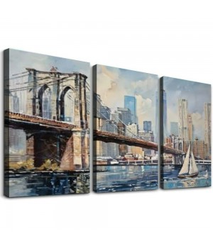 Brooklyn Bridge Wall Art New York Abstract Canvas Cityscape Painting, Colorful NYC Skyline Textured Picture Modern Artwork Framed for Living Room Bedroom Office Home Decor