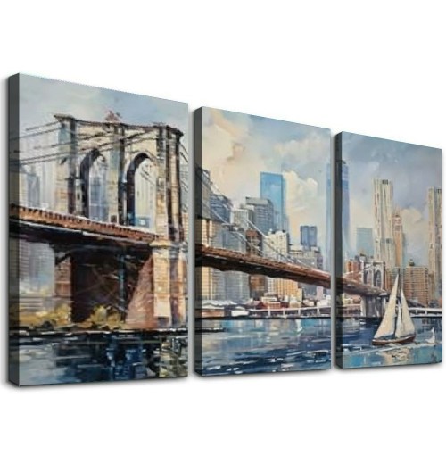 Brooklyn Bridge Wall Art New York Abstract Canvas Cityscape Painting, Colorful NYC Skyline Textured Picture Modern Artwork Framed for Living Room Bedroom Office Home Decor