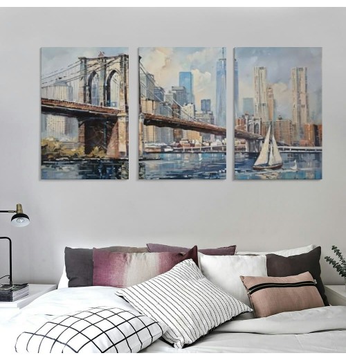 Brooklyn Bridge Wall Art New York Abstract Canvas Cityscape Painting, Colorful NYC Skyline Textured Picture Modern Artwork Framed for Living Room Bedroom Office Home Decor