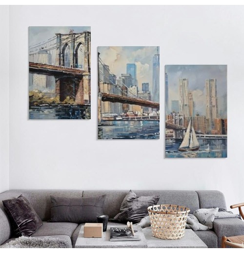 Brooklyn Bridge Wall Art New York Abstract Canvas Cityscape Painting, Colorful NYC Skyline Textured Picture Modern Artwork Framed for Living Room Bedroom Office Home Decor