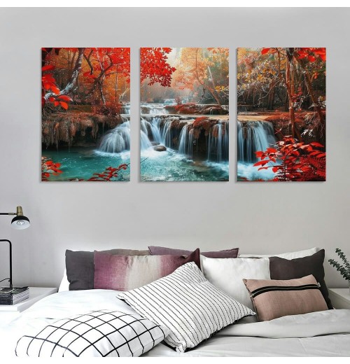 Wall Art Decor Canvas Print Picture Red Forest Waterfalls Landscape Tree for Living Room Office Home Decorations Stretched and Framed Ready to Hang