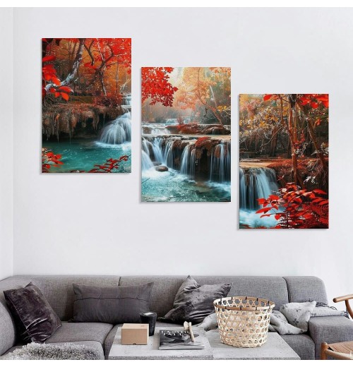 Wall Art Decor Canvas Print Picture Red Forest Waterfalls Landscape Tree for Living Room Office Home Decorations Stretched and Framed Ready to Hang