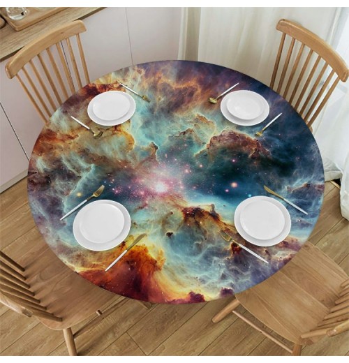 Round Space Table cover, Dust Cloud Celestial Astronomical Object Picture, Elastic edge, Suitable for catering and kitchen