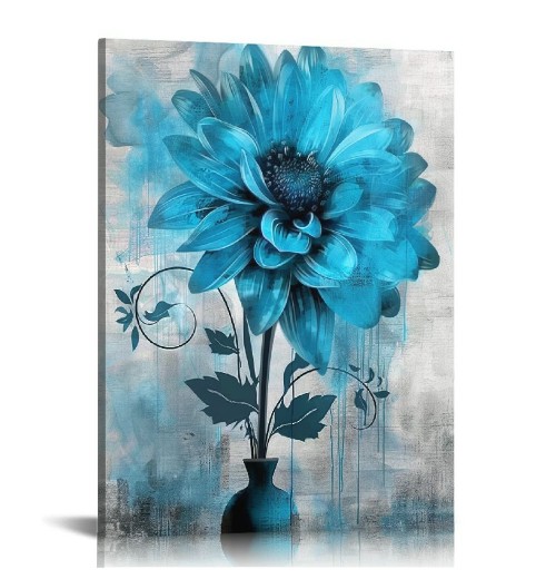 Abstract Flowers Wall Art Teal Flower Canvas Pictures Rustic Blossom Canvas Painting for Bedroom Bathroom Wall Decor Modern Teal Grey Canvas Prints Contemporary Botanical Wall Art