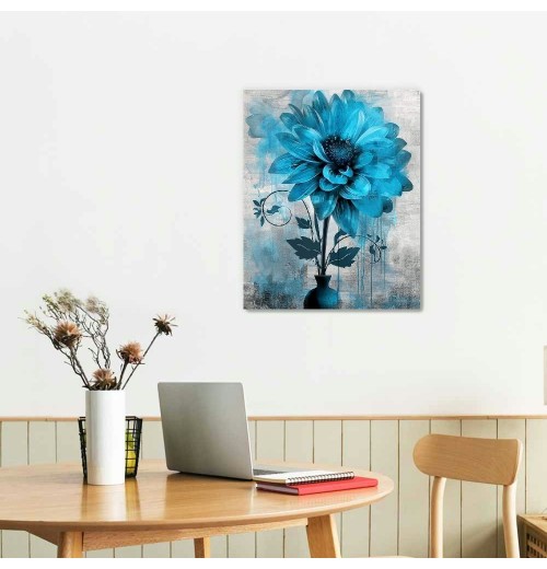 Abstract Flowers Wall Art Teal Flower Canvas Pictures Rustic Blossom Canvas Painting for Bedroom Bathroom Wall Decor Modern Teal Grey Canvas Prints Contemporary Botanical Wall Art