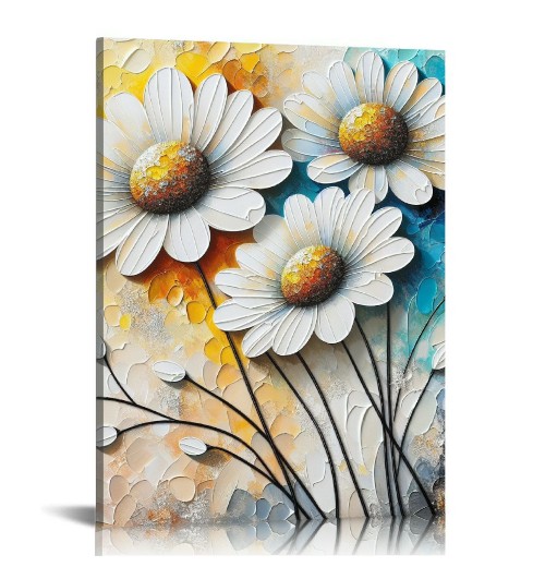 White Flowers Textured Canvas Wall Art for Living Room, Canvas Wall Art Floral Artwork Modern Flower Pictures Wall Decor Framed Bathroom Bedroom Home (White Flowers)