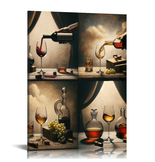 Red Wine Cups Modern Kitchen Wall Art Dinning Room Wall Decor 4 Panels Abstract Canvas Prints Artwork Vintage Pictures Paintings on Canvas Wall Art for Kitchen Home