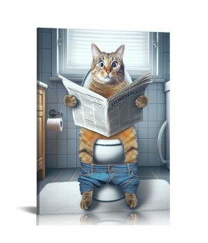 Cat Paintings Canvas Wall Art Modern Cat Bathroom Decor Posters Cat on Toilet Pictures Funny Animals Kids Bathroom Wall Decor For Living Room Bathroom Decoration